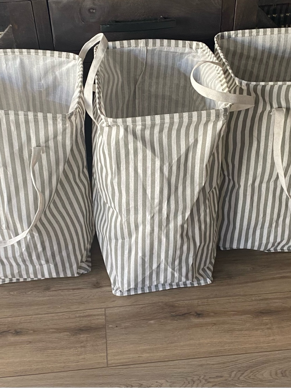 3 Striped Gray & White Canvas Laundry Baskets - Home Accents